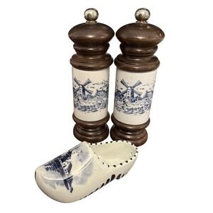 Vintage Dutch Windmill Salt & Pepper Grinder Set Wood & Ceramic Blue‎ White 12"